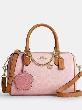 NWT  Coach Medium Rowan Satchel Bag In Signature Canvas With Charms Powder Pink